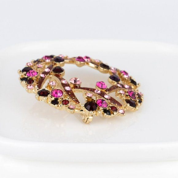 Vintage Napier Brooch Signed Gold Tone Circle Wreath Bright Deep Red Baby Pink - Picture 6 of 7